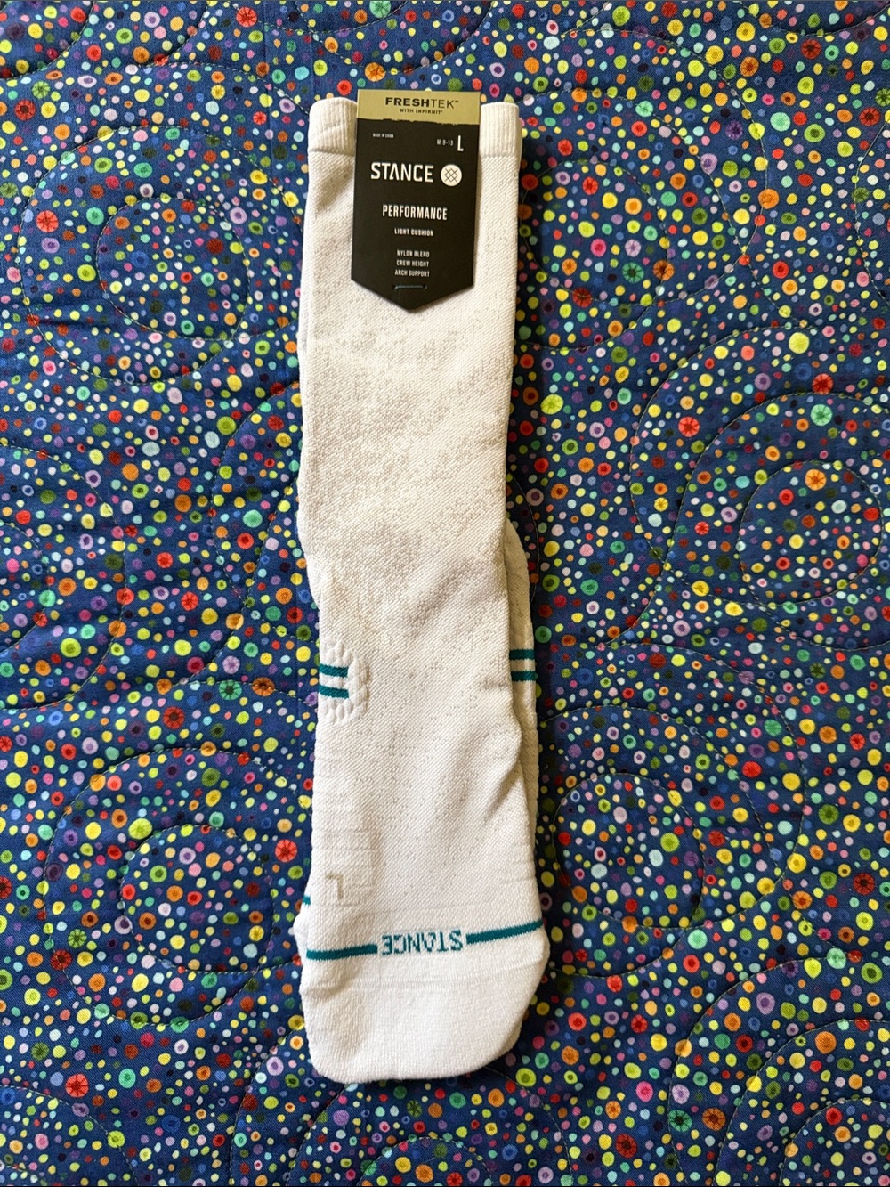 Stance White Performance Crew Socks with Teal Stripes